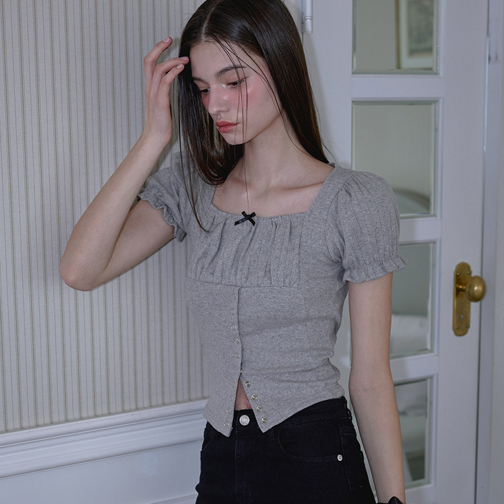 로제프란츠 퍼프 셔링 리본 티셔츠 차콜(Rosefrantz Puff Shirring Ribbon T-shirt [Charcoal]) - 2
