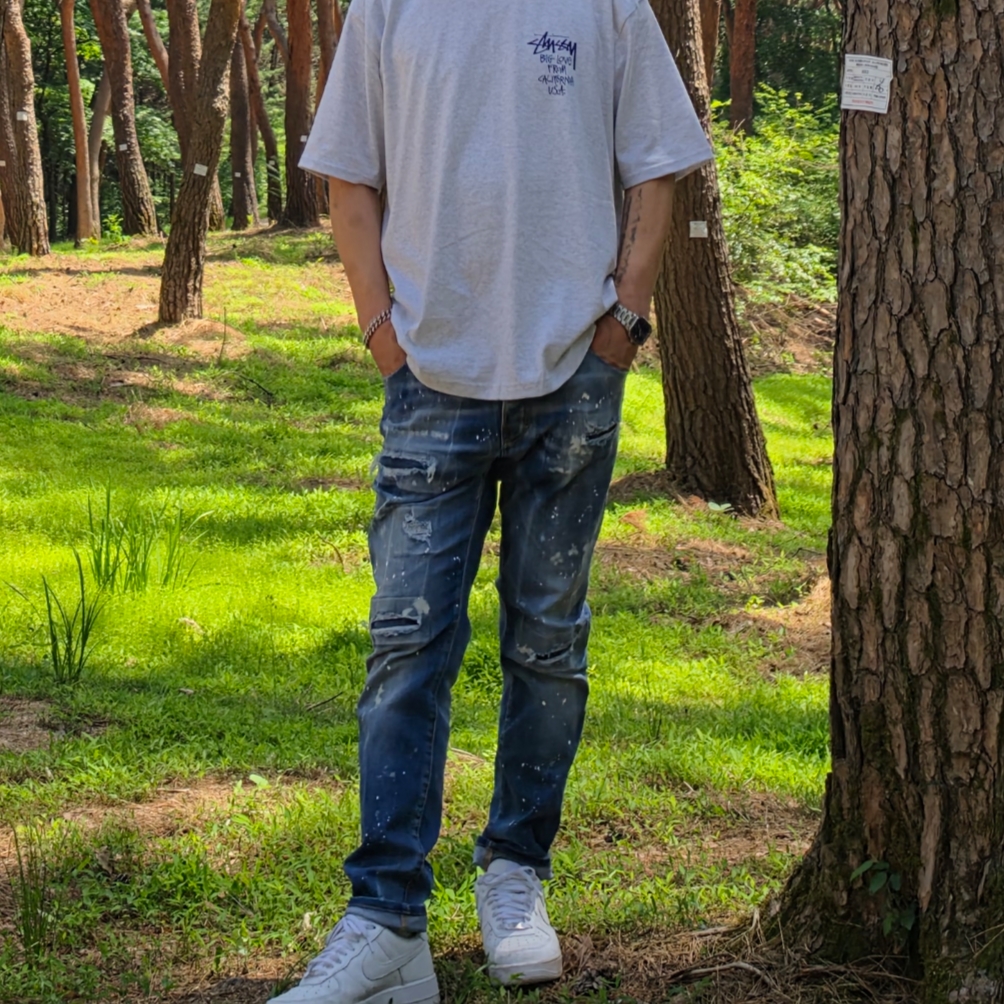 Stussy Big Love T-Shirt Ash Heather, Dsquared2 Medium Ripped Wash Cool Guy Jeans Navy 착용 스타일