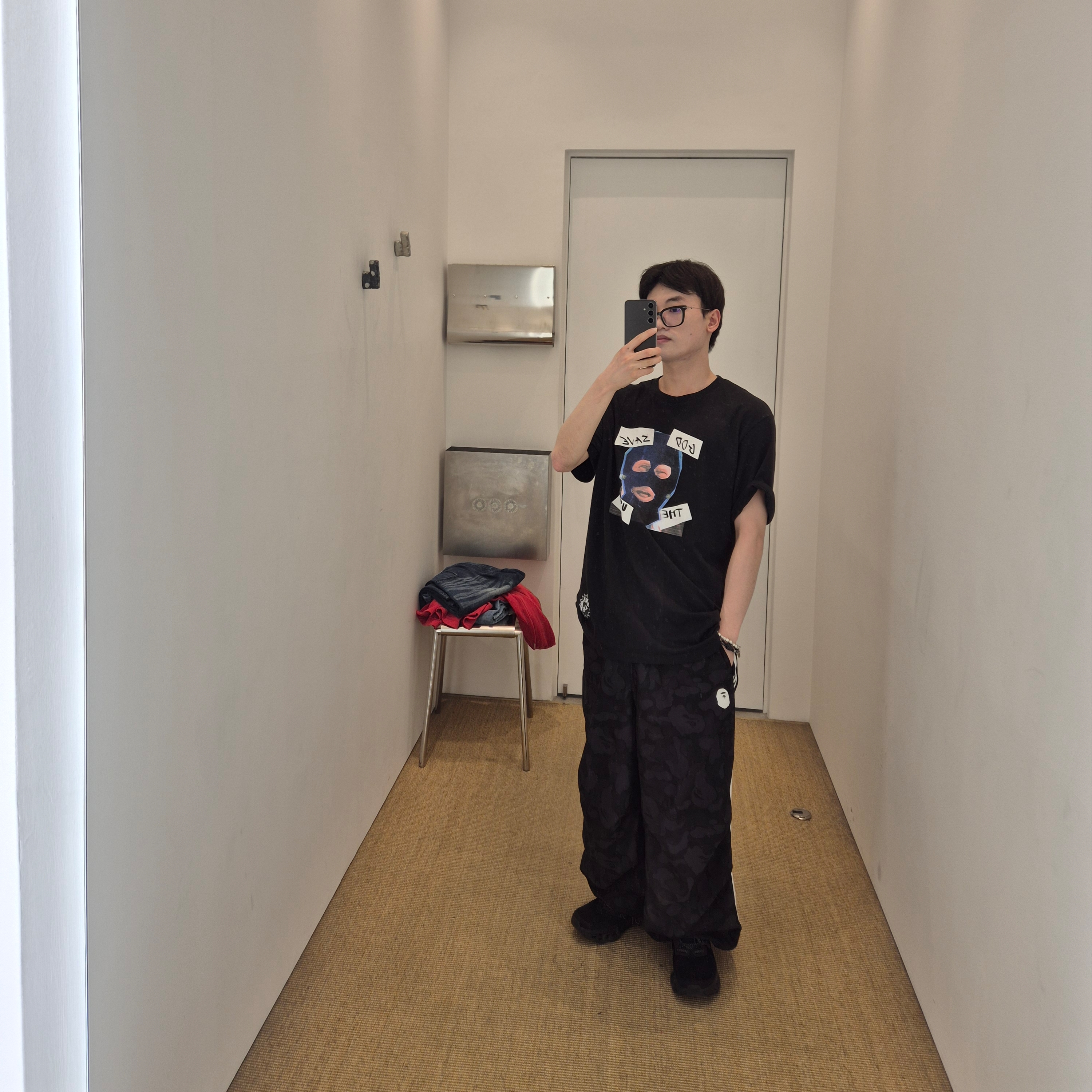 Supreme God Save Us T-Shirt Black - 26SS, Adidas x BAPE Jacquard Pants Black - KR Sizing 착용 스타일 - 2