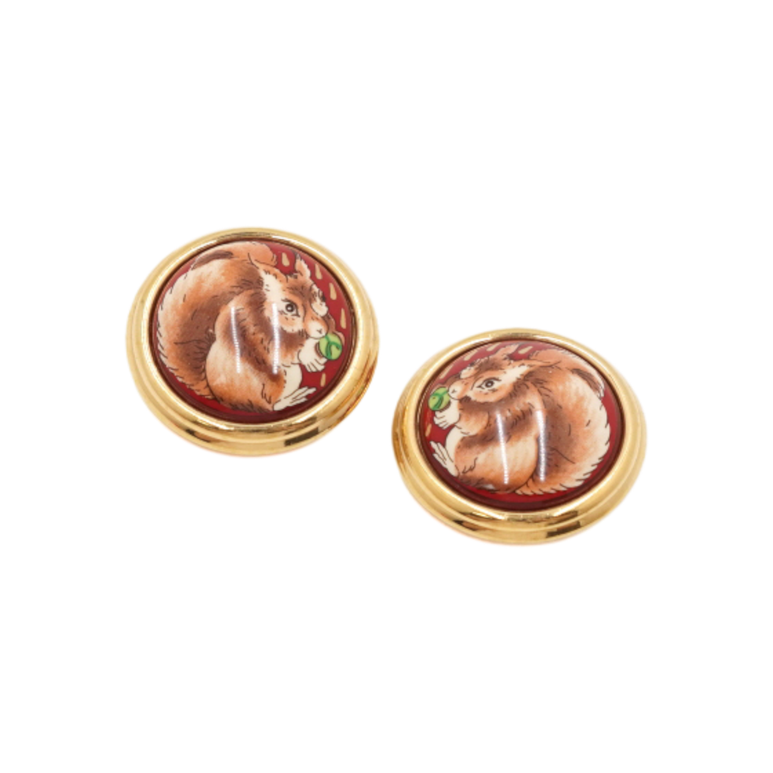 ITJLTPE8BHIK Hermes Enamel Squirrel Print Gold Clip-On Earrings