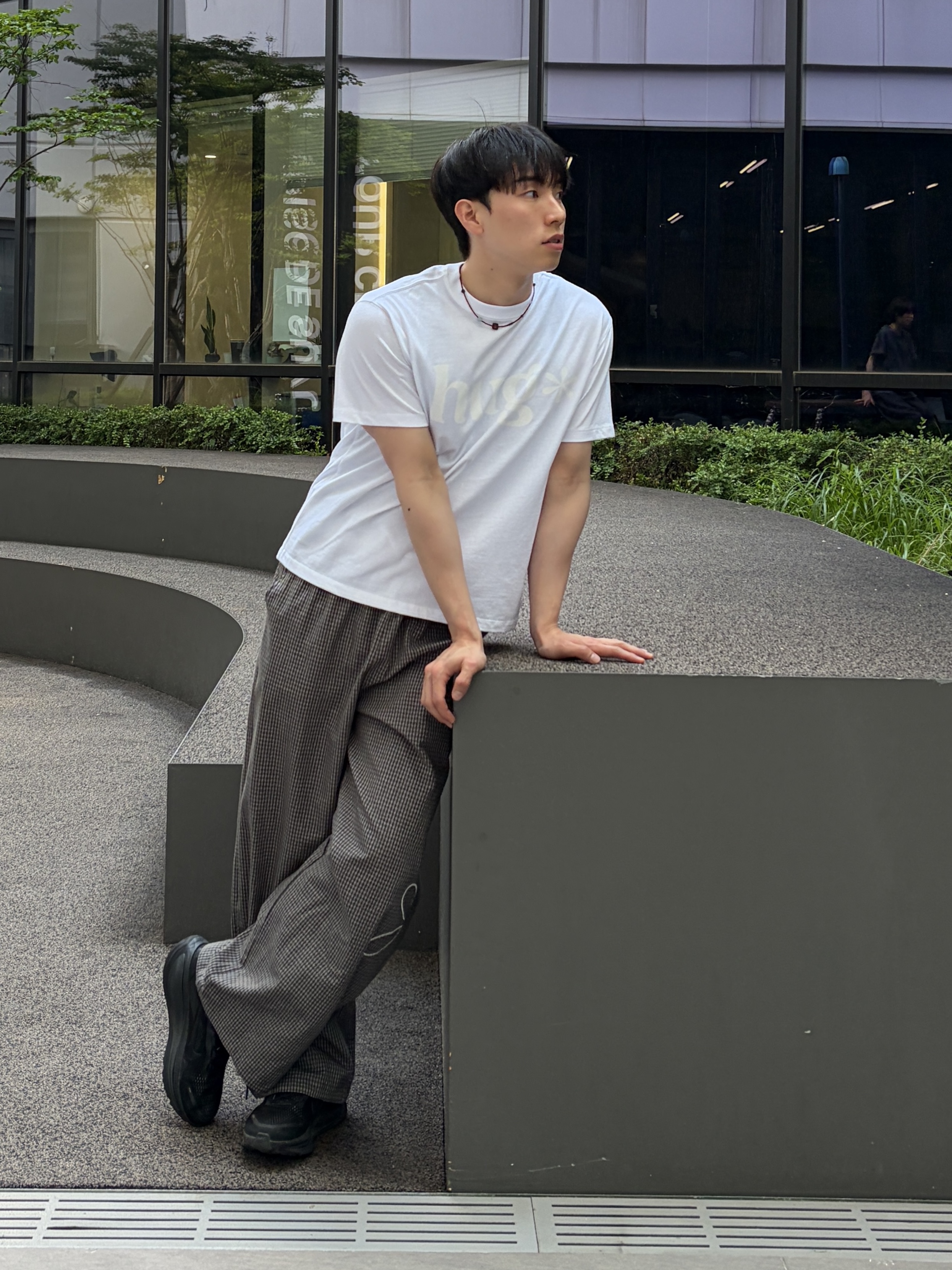 Riomeu Signature Wide Check Pants Charcoal 착용 스타일 - 2