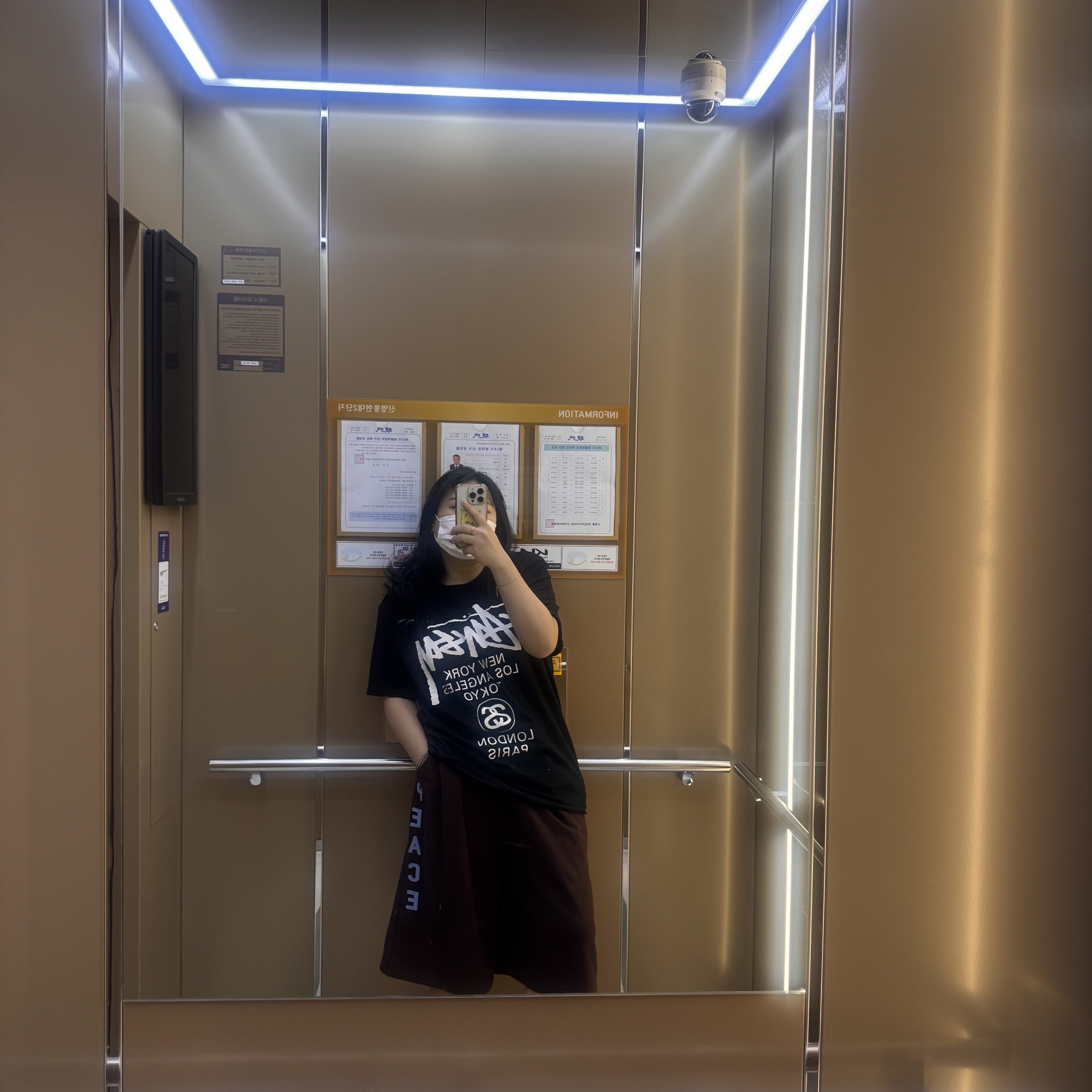 AMOU Peace One Tuck Bermuda Pants Brown, Stussy World Tour T-Shirt Black 착용 스타일