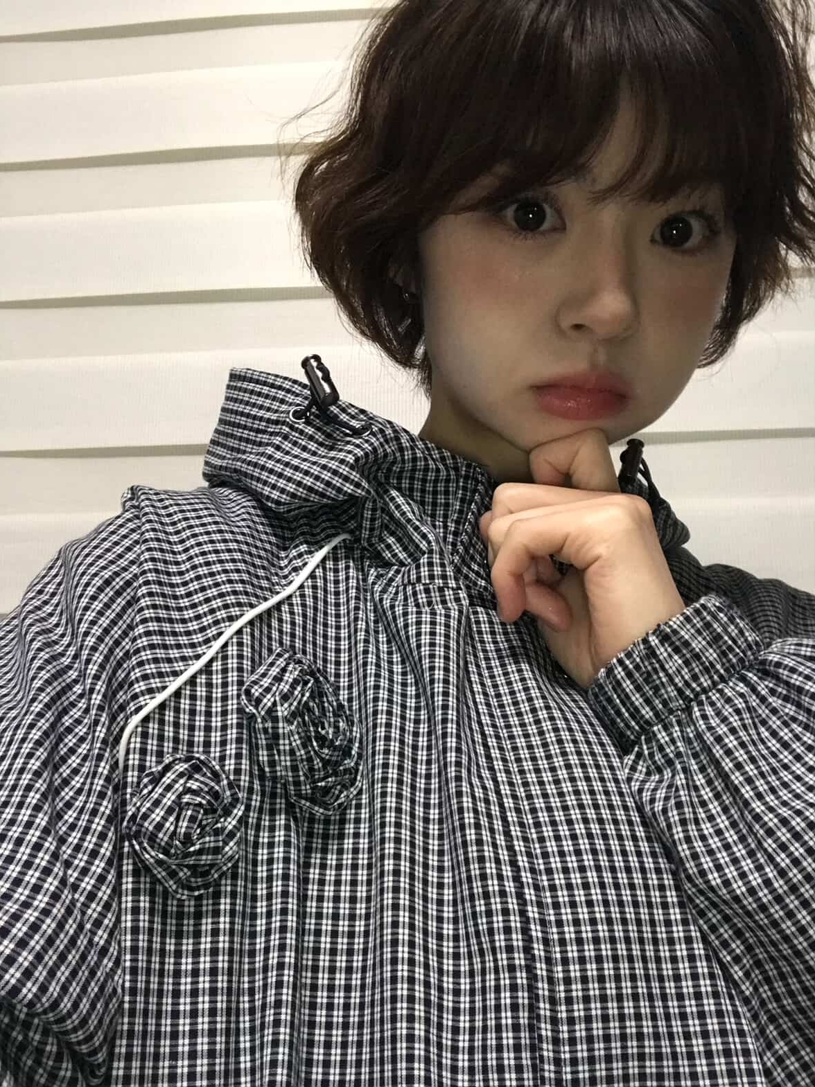 Rosefrantz Rose Corsage Check Windbreaker [Navy] 착용 스타일 - 1