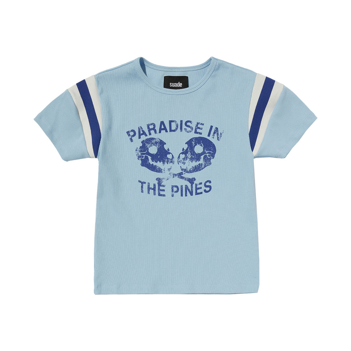 스웨이드 스트라이프 숄더 크롭 티 스카이 블루(Suade Striped Shoulder Crop Tee Sky Blue)