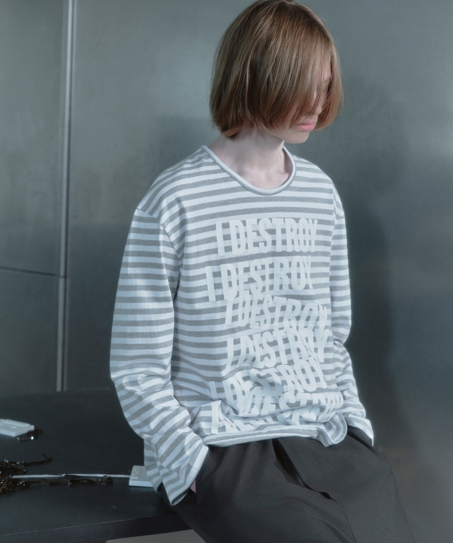 키류 아이 디스트로이 스트라이프 롱 슬리브 티셔츠 멜란지 그레이(kiryu I Destroy Stripe Long Sleeve T-Shirt Melange Gray) - 4