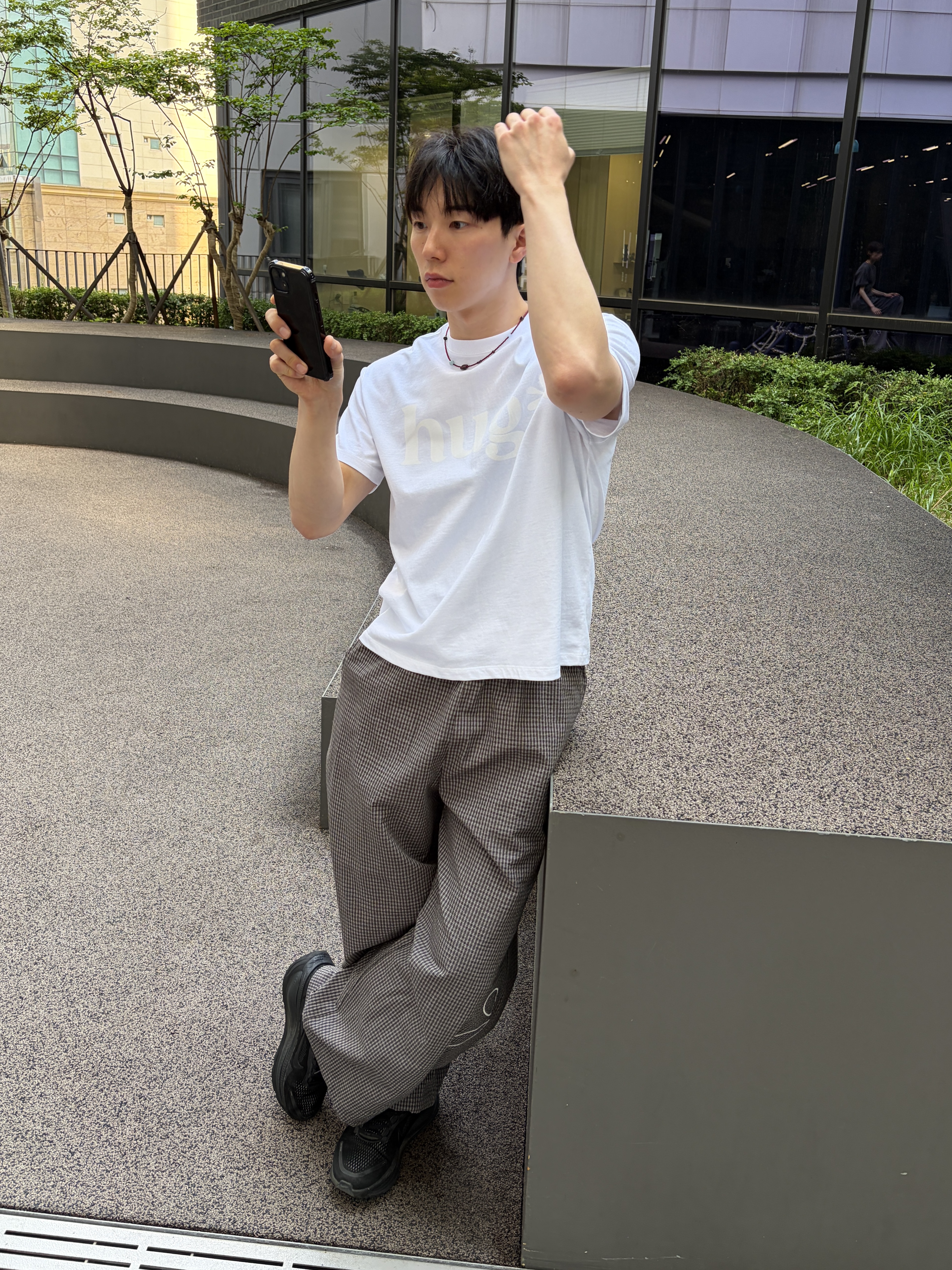 Riomeu Signature Wide Check Pants Charcoal 착용 스타일 - 3