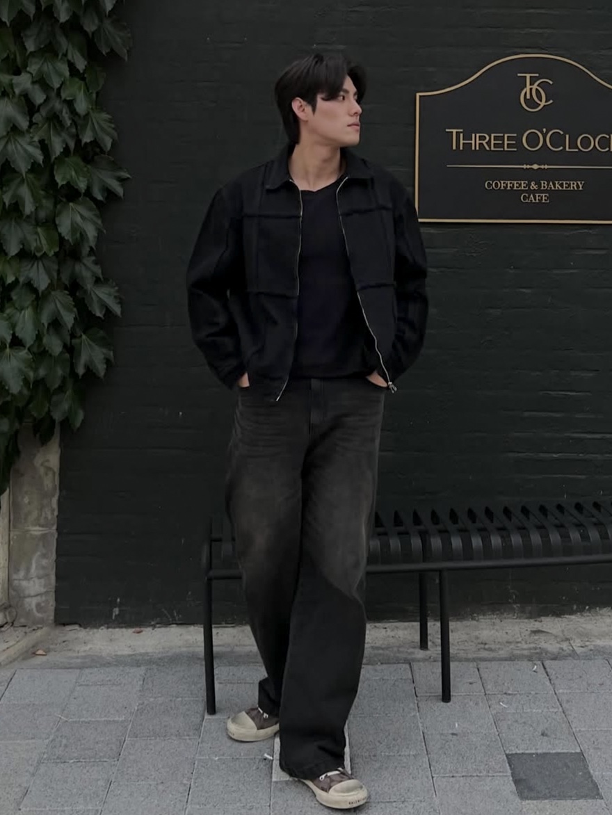 PHOS333 M Straight Fit Denim Pants Black, PHOS333 Incision Denim Jacket 착용 스타일 - 2