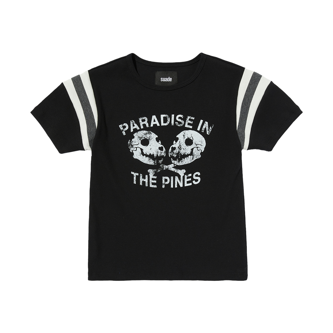 스웨이드 스트라이프 숄더 크롭 티 블랙(Suade Striped Shoulder Crop Tee Black)