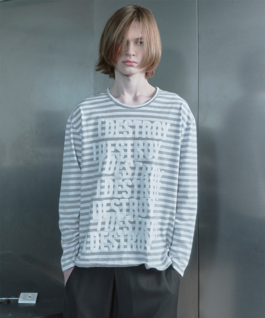 키류 아이 디스트로이 스트라이프 롱 슬리브 티셔츠 멜란지 그레이(kiryu I Destroy Stripe Long Sleeve T-Shirt Melange Gray) - 2