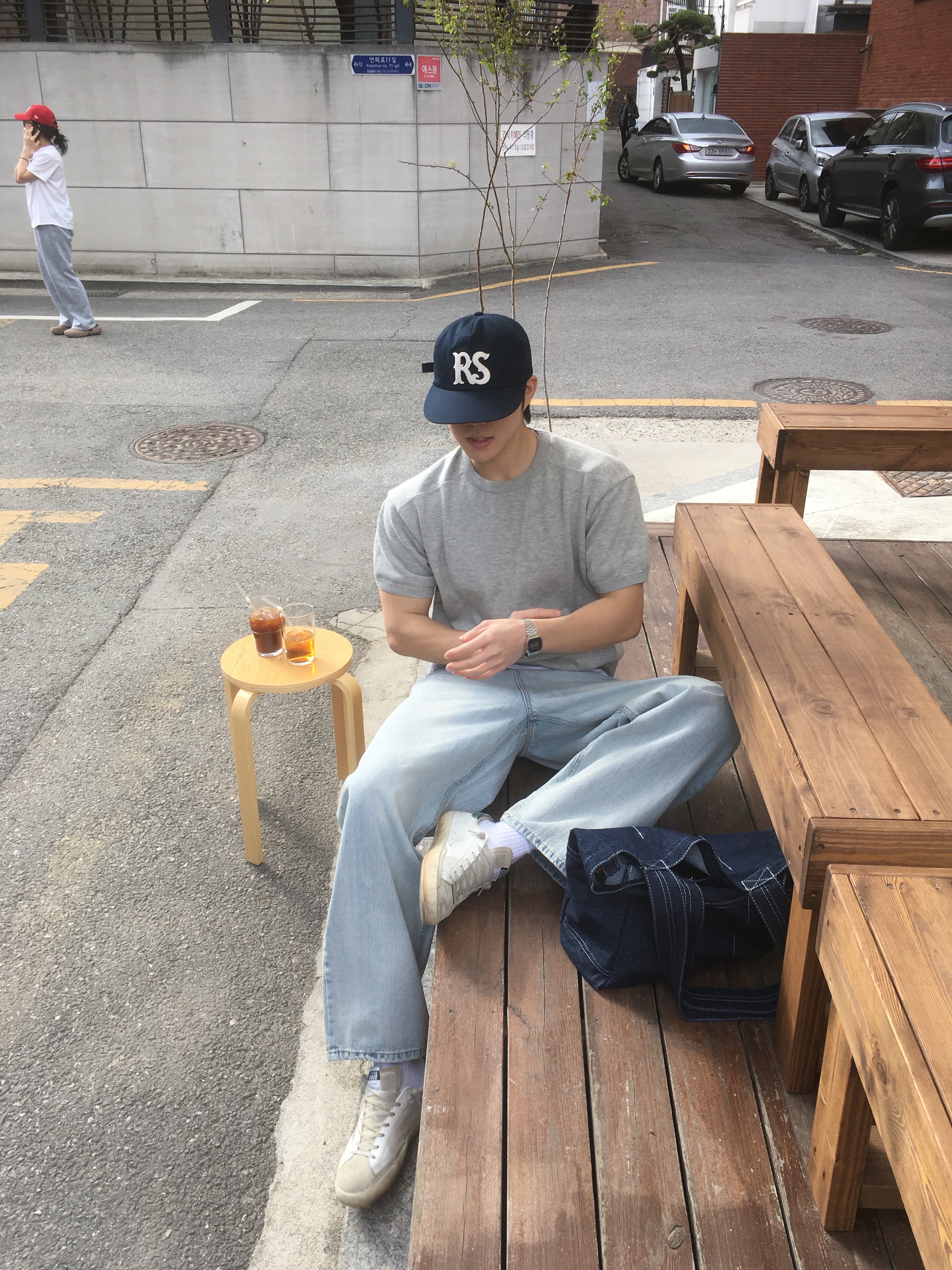Rust And Stone Chain Stitch Ball Cap Navy, Casio A-158WA-1 착용 스타일 - 3
