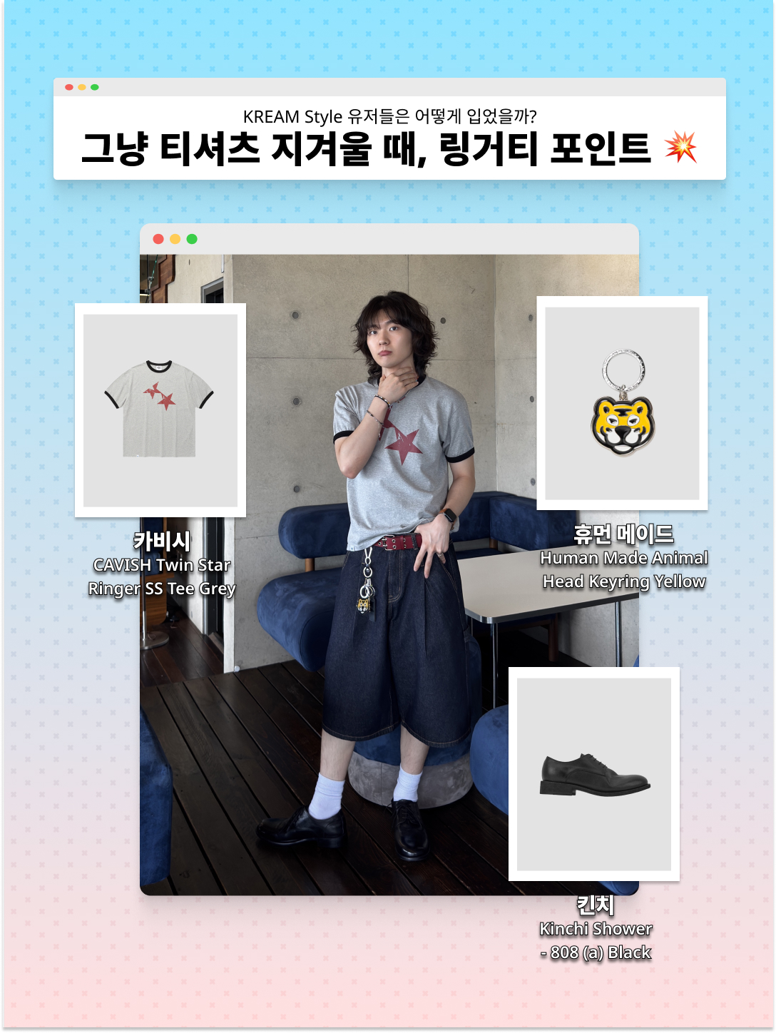 CAVISH Twin Star Ringer SS Tee Grey, Human Made Animal Head Keyring Yellow 착용 스타일 - 1
