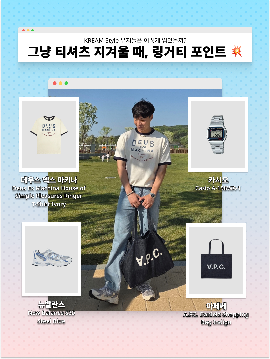 CAVISH Twin Star Ringer SS Tee Grey, Human Made Animal Head Keyring Yellow 착용 스타일 - 3