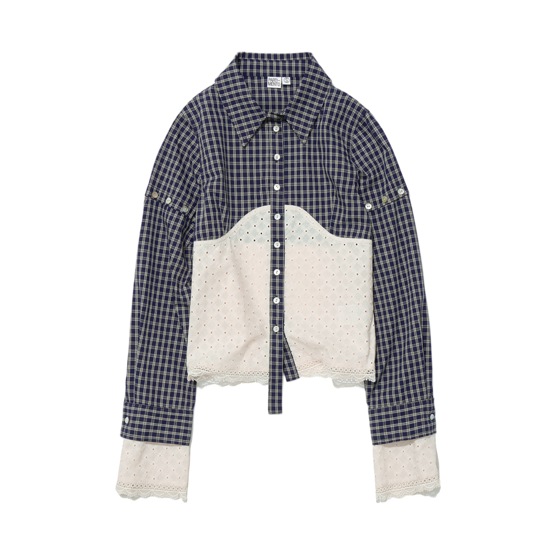 (W) 파르티멘토 체크 레이스 자수 콤비 셔츠 네이비((W) Partimento Check Lace Embroidery Combi Shirt Navy)