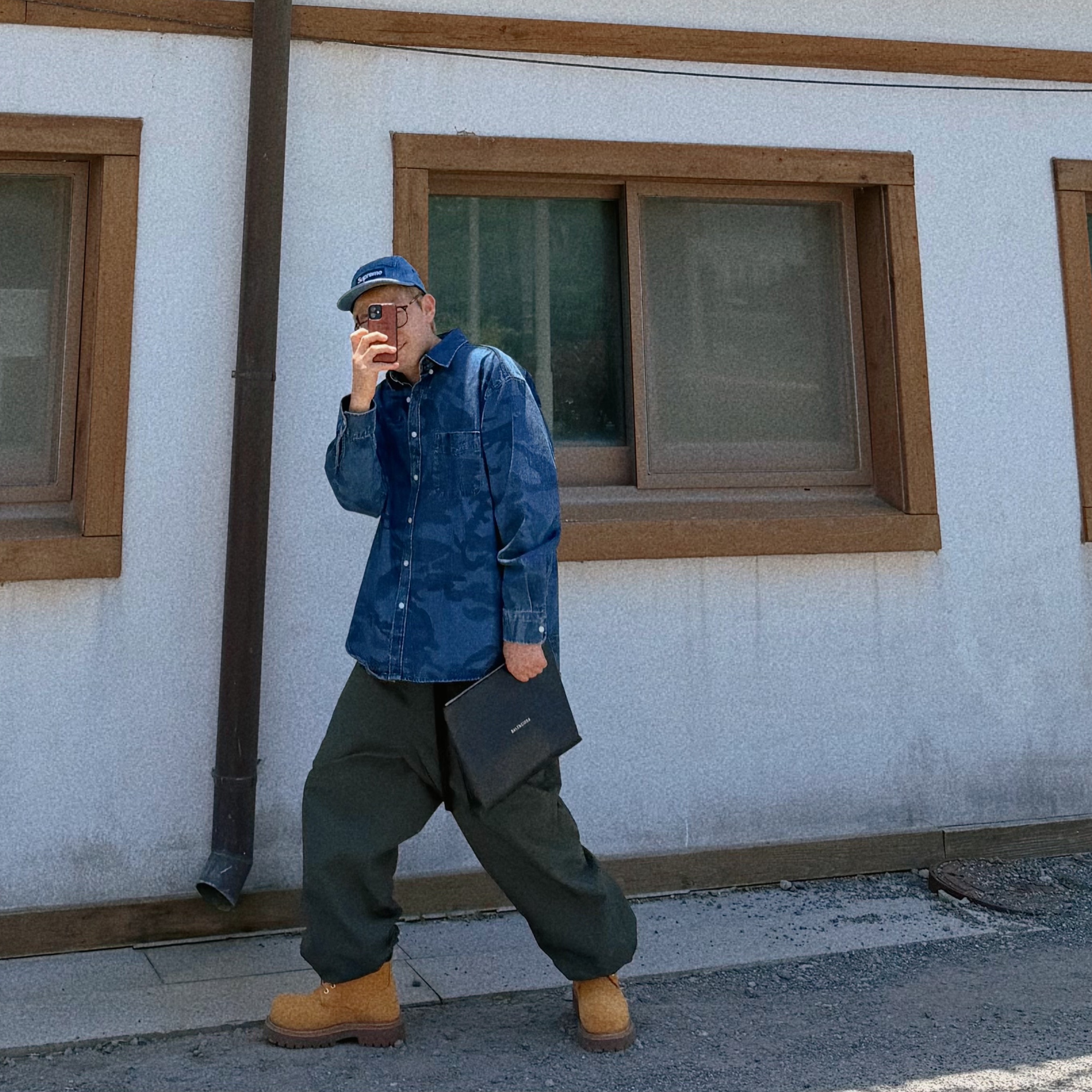 LOSTGARDEN Route Tan, Supreme Washed Chino Twill Camp Cap Denim - 24FW 착용 스타일