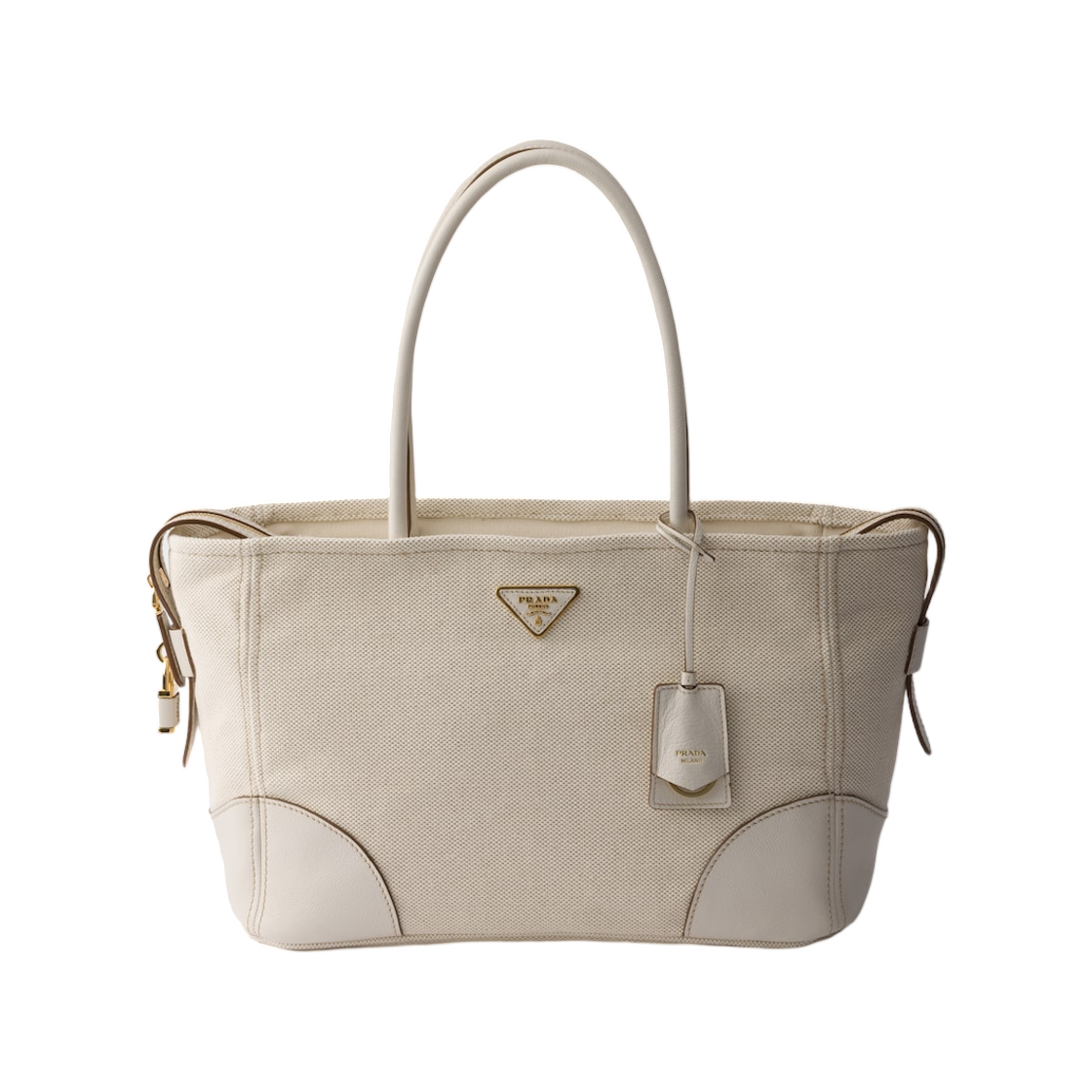 1BG659-2DLI-F0N67 Prada Large Linen Blend and Leather Tote Bag Tan Chalk White