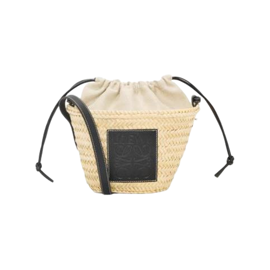 A223222X01-2165 Loewe Drawstring Bucket Bag In Palm Leaf and Calfskin Natural Black