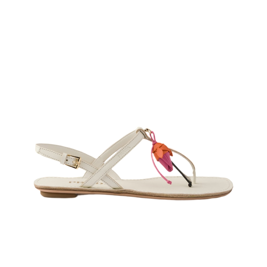 1Y510O-V69-F0K74 (W) Prada Antiqued Leather Thong Sandals with Floral Ornament Chalk White