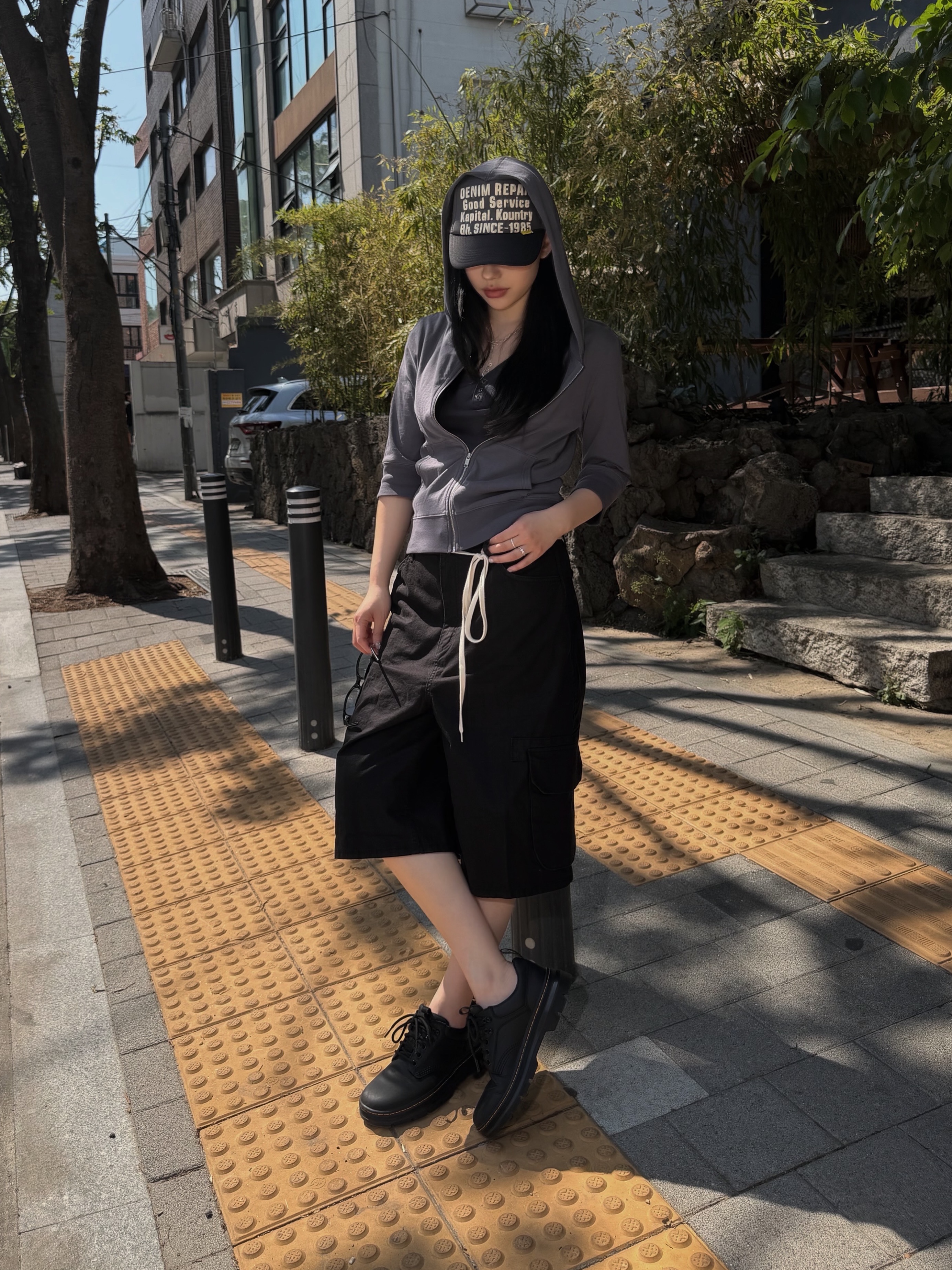 Kapital Denim Repair Track Cap Gray Black 착용 스타일 - 2