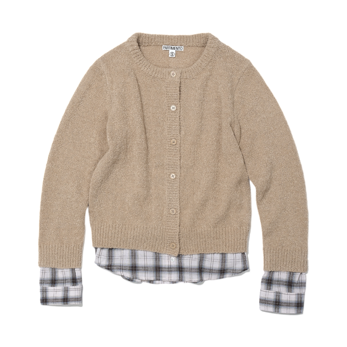 (W) 파르티멘토 부클 셔츠 헴 레이어드 가디건 베이지((W) Partimento Boucle Shirt Hem Layered Cardigan Beige)