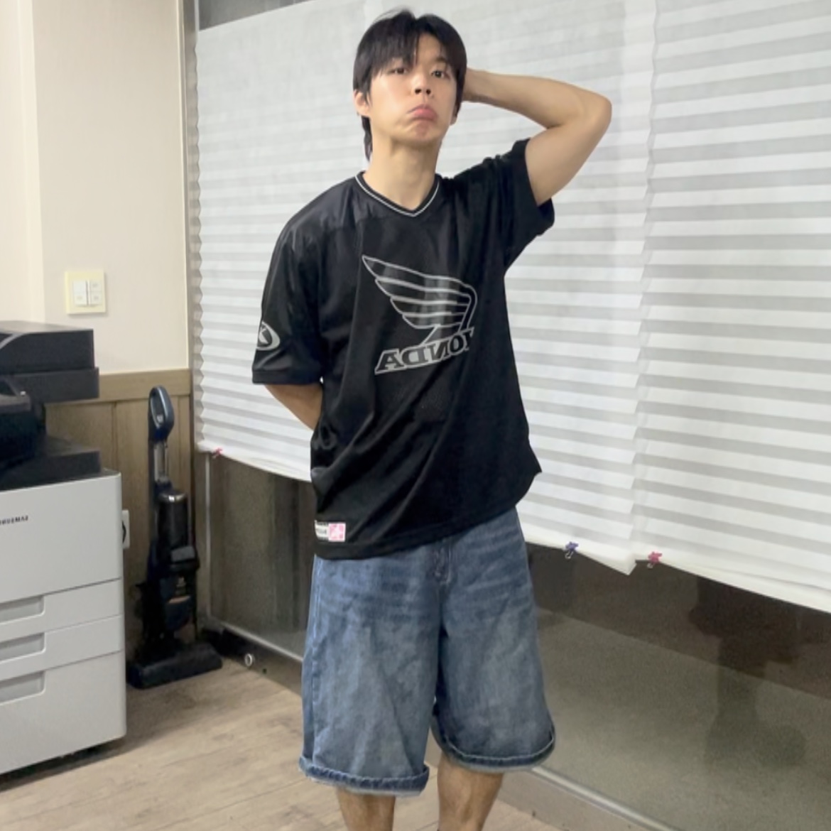 Honda Mesh Piping Block Motorcycle Short Sleeve Black, Honda Wing Logo Bermuda Pants Vintage Blue 착용 스타일
