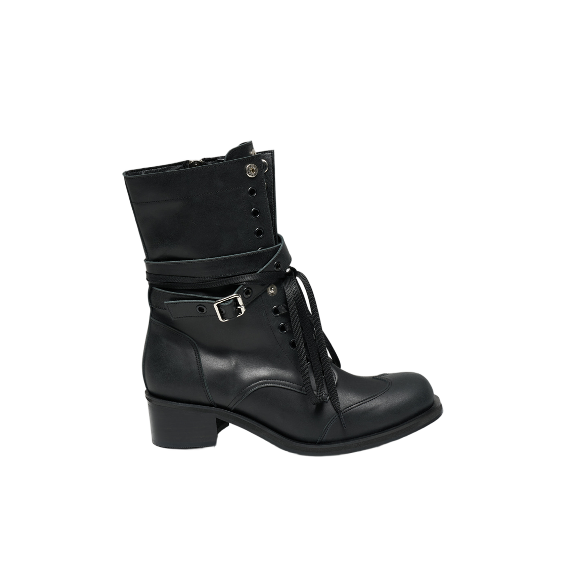 (W) 파르티멘토 레더 버클 스트랩 레이스 업 부츠 블랙((W) Partimento Leather Buckle Strap Lace Up Boots Black)
