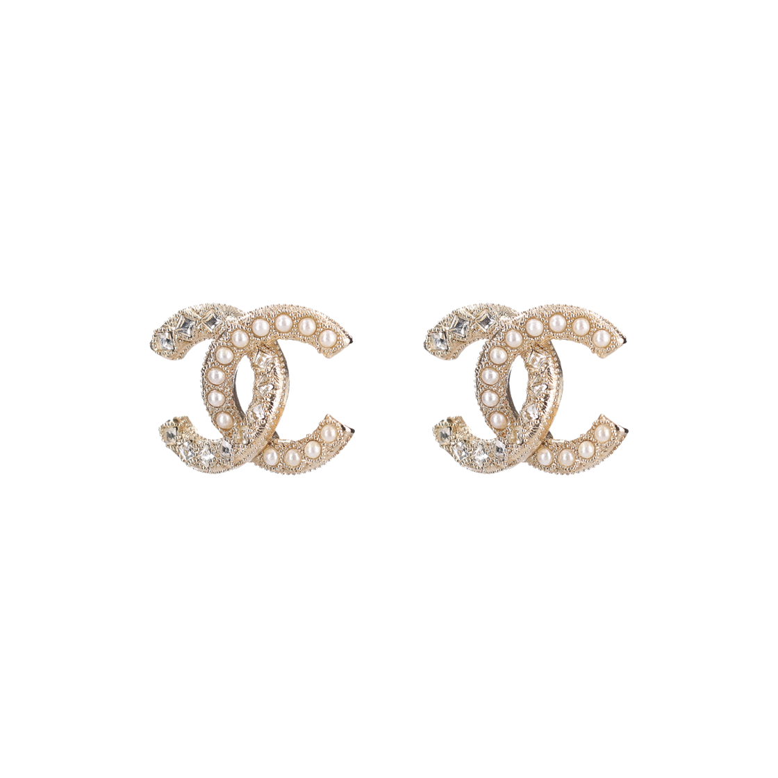샤넬 CC 로고 크리스탈 진주 스터드 이어링 스트라스 샴페인 골드 & 화이트 펄(Chanel CC Logo Crystal Pearl Stud Earrings Champagne Gold & White Pearl)