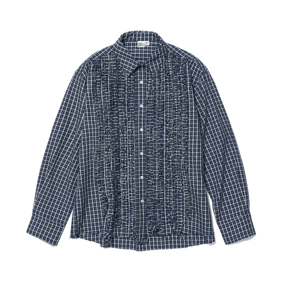 (W) 파르티멘토 컷오프 프릴 트림 셔츠 네이비 체크((W) Partimento Cut-Off Frill Trim Shirt Navy Check)