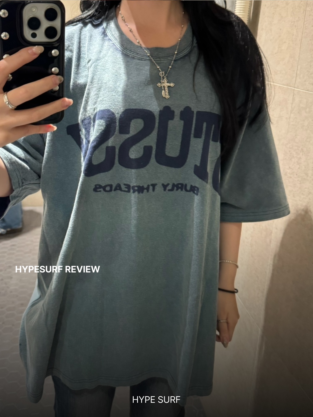Stussy Burly Stone Washed Tee Navy 착용 스타일 - 2