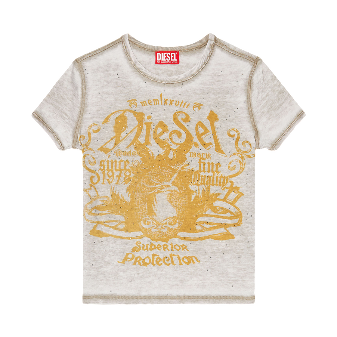 A233290PLBQ-77F (W) Diesel Slim Jersey T-Shirt with Print and Studs Oro Grey