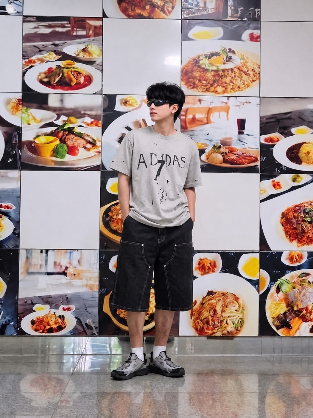 [예약 배송] RECLOW Hoye Sunglass Black, Adidas x Song for the Mute 007 S/S T-Shirt Grey - KR Sizing 착용 스타일