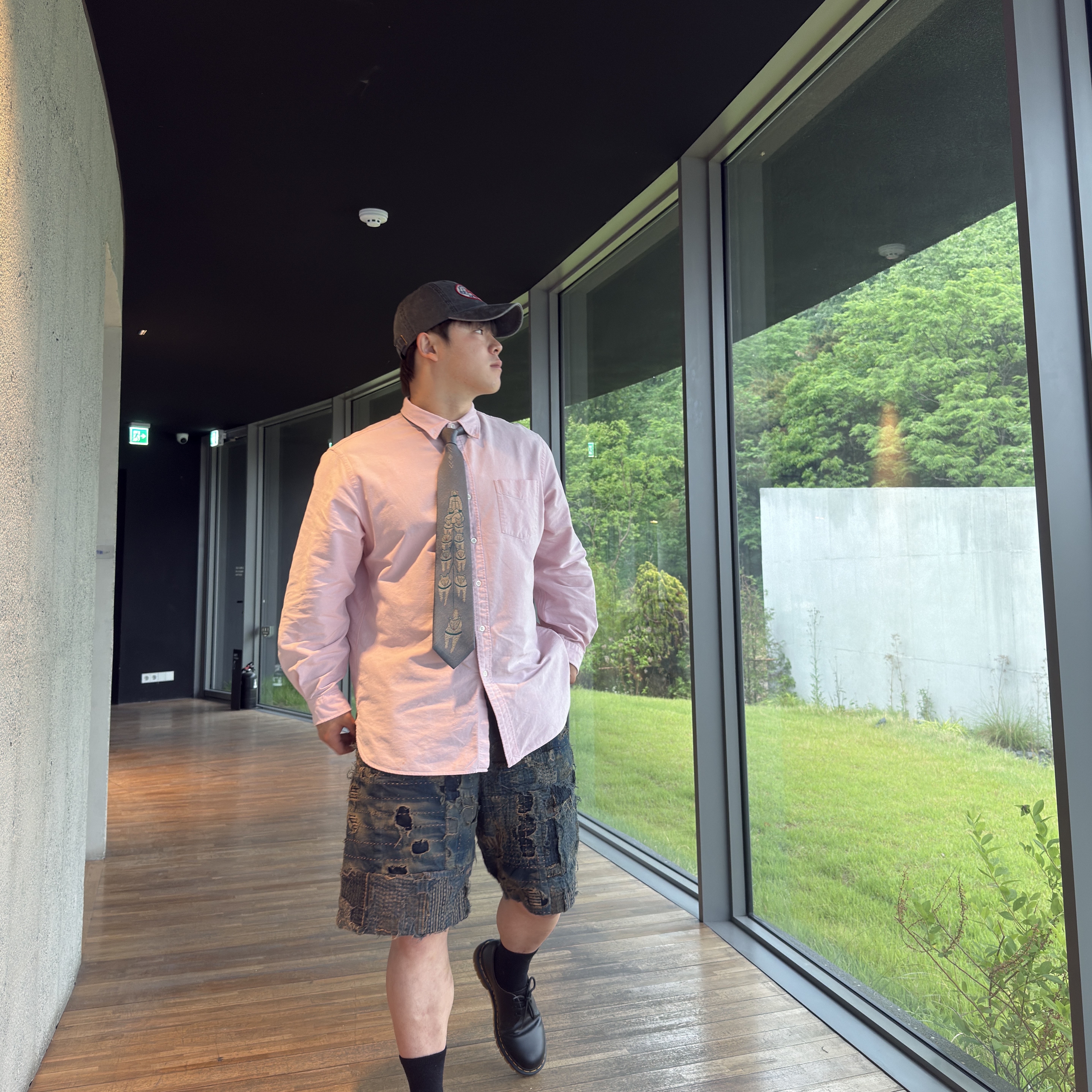 Kapital Silk Twill Dog-Team Tie Gray, Kapital Boro Ivy Shorts Indigo 착용 스타일 - 2