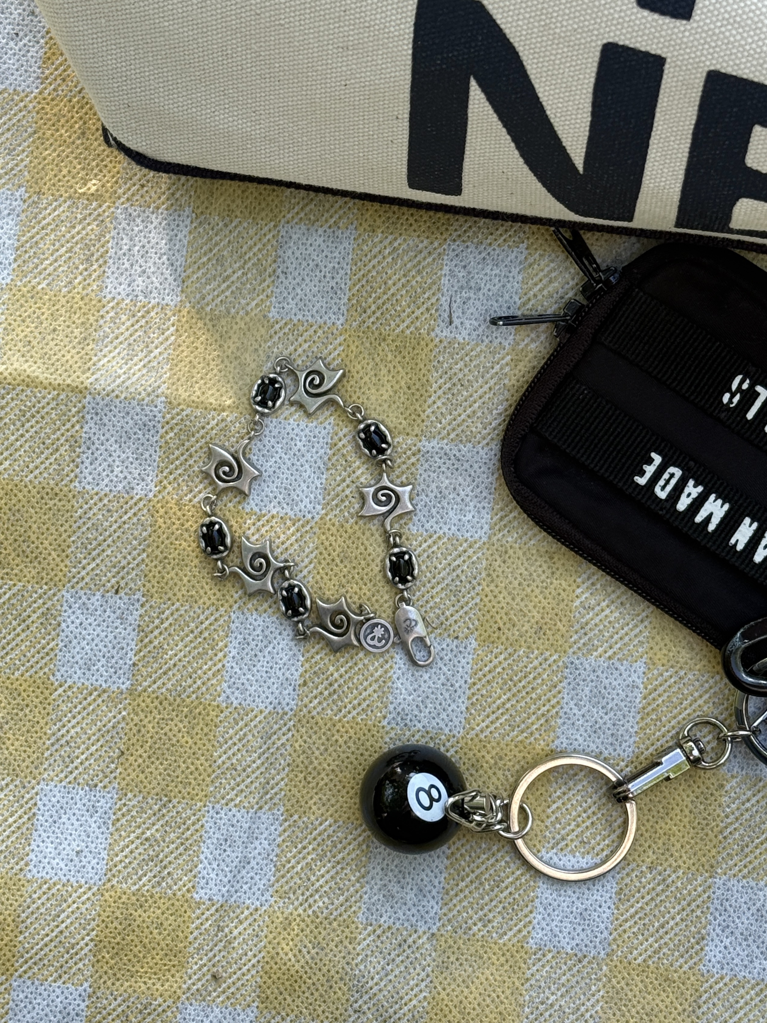 (W) MM6 Maison Margiela Classic Chain Ring Palladium, TOWTOW.ARCHIVE Swirl Star Gem Link Bracelet Turquoise 착용 스타일 - 2