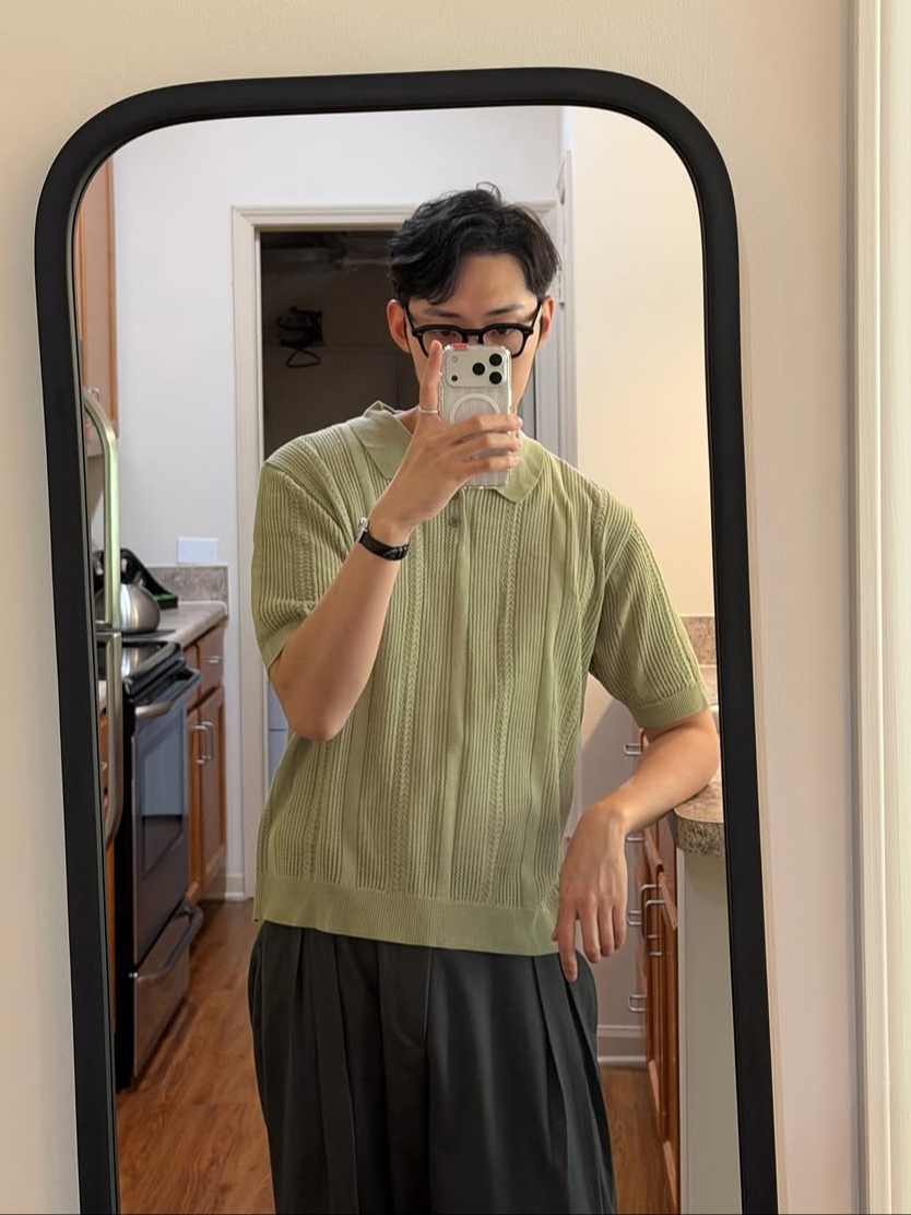 Knitted Linen Skashi Collar Half Knit OLIVE 착용 스타일