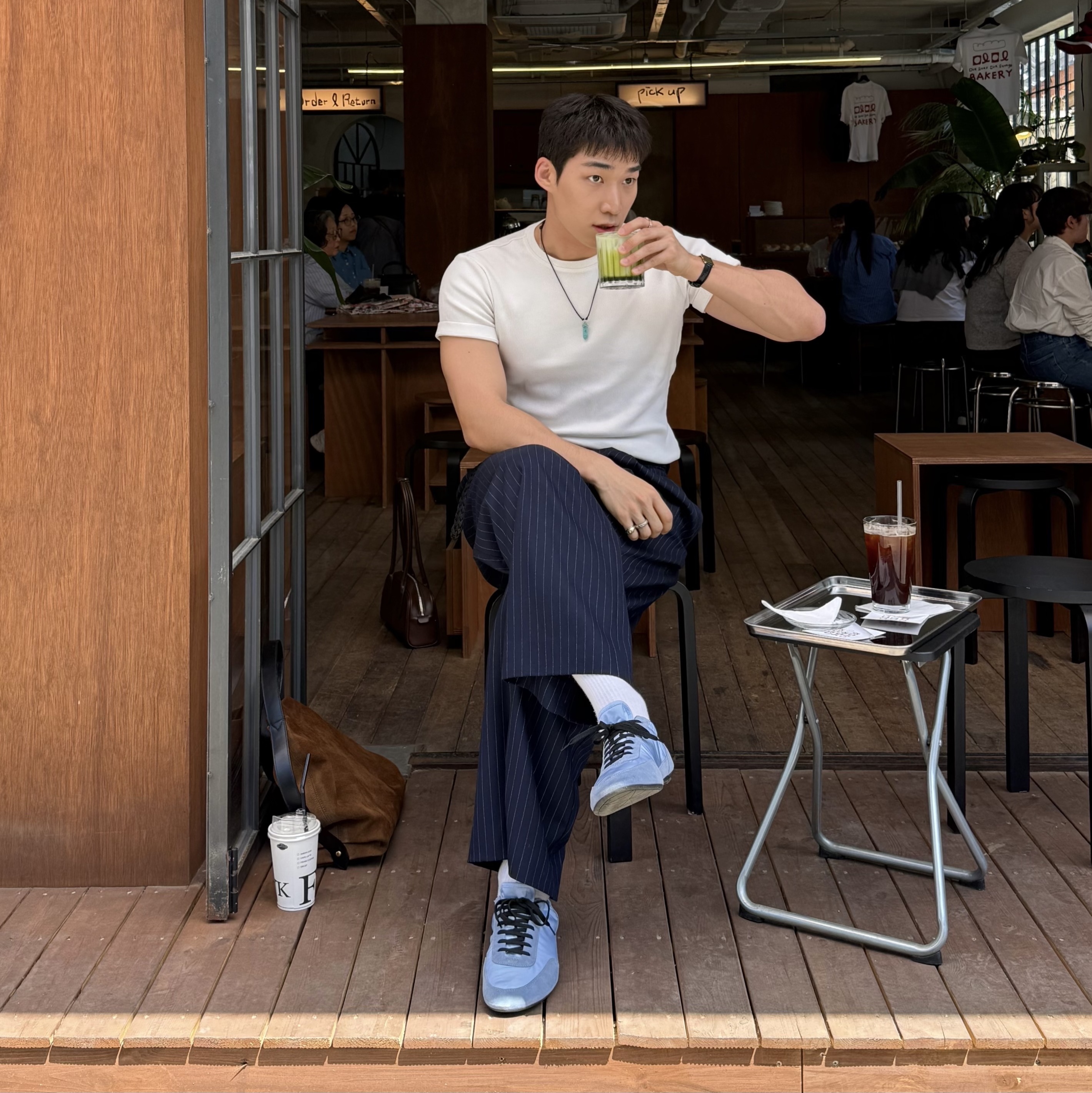 Prada Collapse Re-Nylon and Suede Elasticized Sneakers Light Blue 착용 스타일 - 3