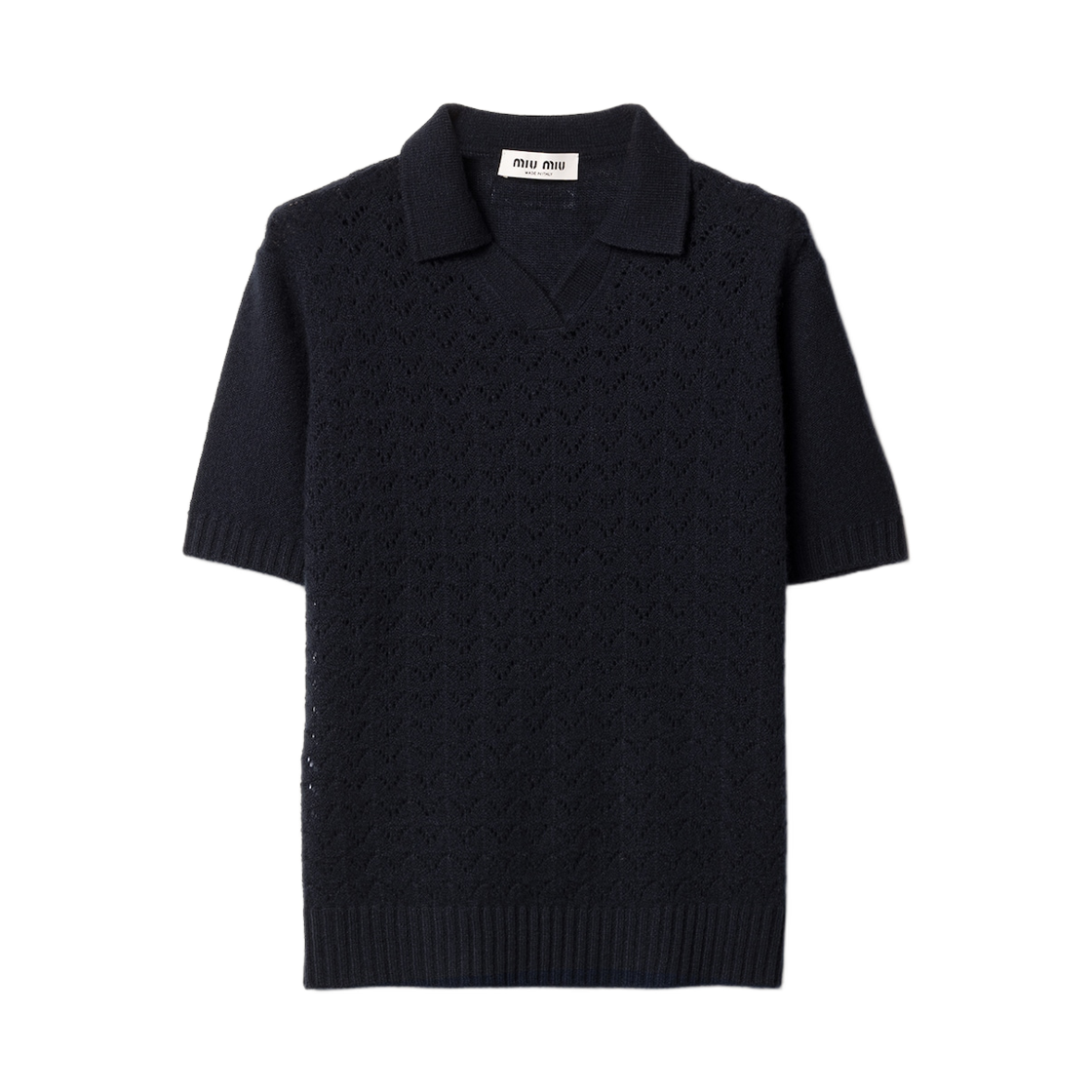 MML03U-185I-F0008 (W) Miu Miu Lace Effect Cashmere Polo Shirt Navy