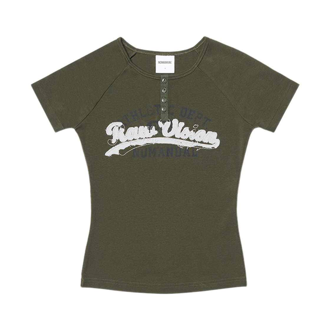 노매뉴얼 우먼 R.V 아플리케 래글런 티셔츠 올리브(NOMANUAL (W) R.V Applique Raglan T-shirt Olive)