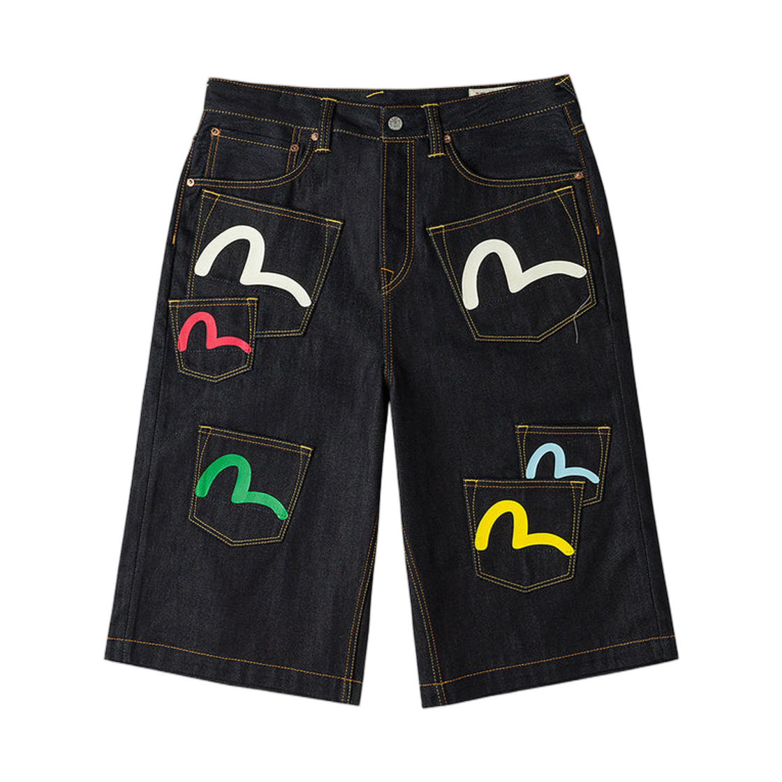 에비수 시걸 프린트 앤 멀티포켓 패션 핏 데님 쇼츠 인디고(Evisu Seagull Print and Multi-Pocket Fashion Fit Denim Shorts)