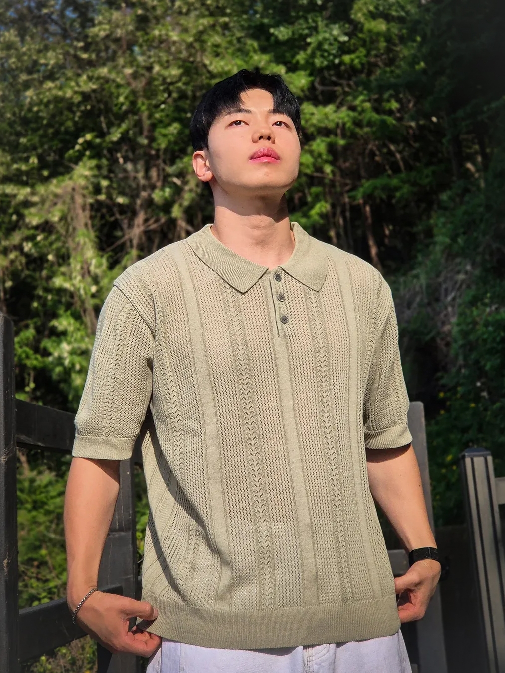 Knitted Linen Skashi Collar Half Knit OLIVE 착용 스타일 - 2