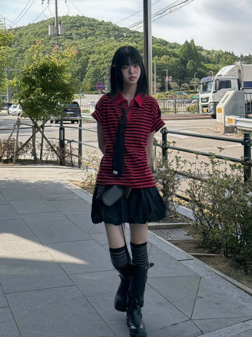 ROARINGRAD Striped Polo T-shirt Red 착용 스타일