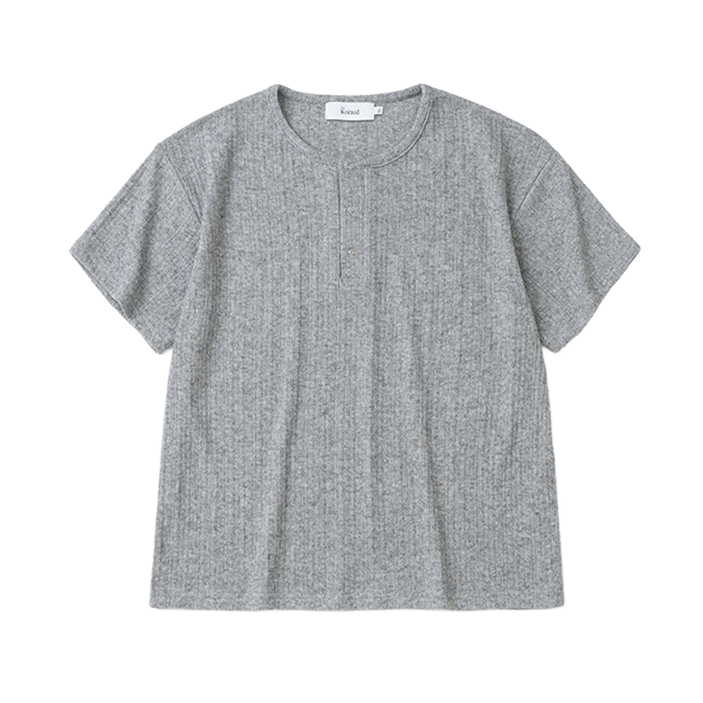 니티드 헨리넥 크롭 니트 티셔츠 그레이(Knitted Henley Neck Crop Knit T-Shirts Grey)