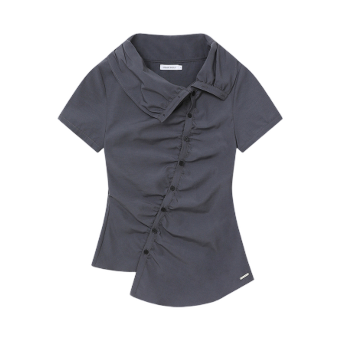 (W) 미세키서울 하이 넥 셔링 버튼 셔츠 차콜((W) Miseki Seoul High Neck Shirring Button Shirt Charcoal)