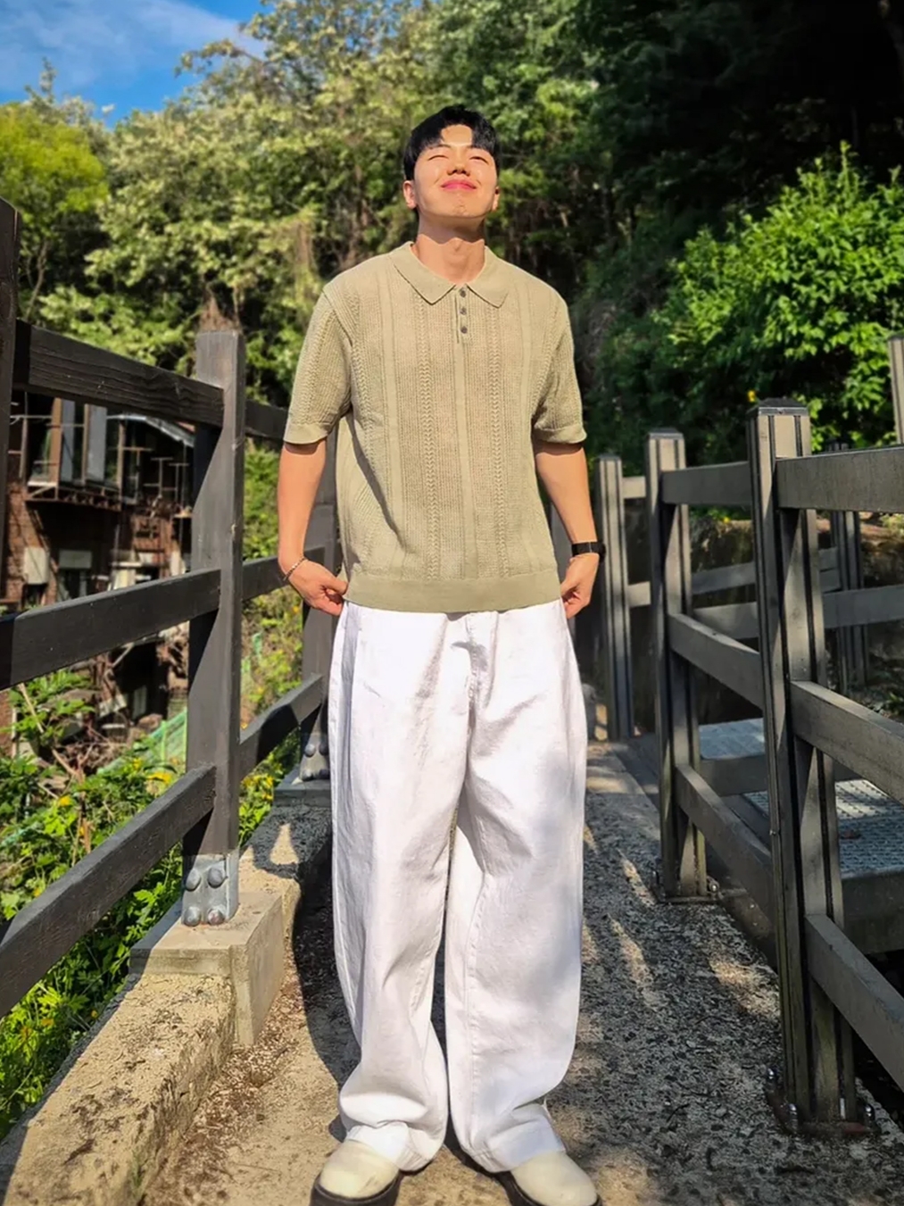 Knitted Linen Skashi Collar Half Knit OLIVE 착용 스타일 - 1