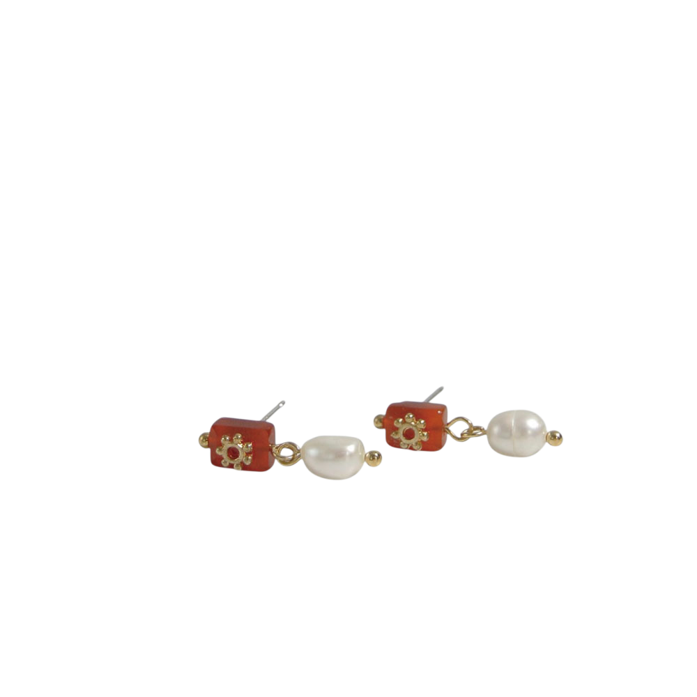 오브제213 스퀘어 커넬리언 원석 진주드롭 이어링(OBJET213 Square carnelian gemstone pearldrop earrings)