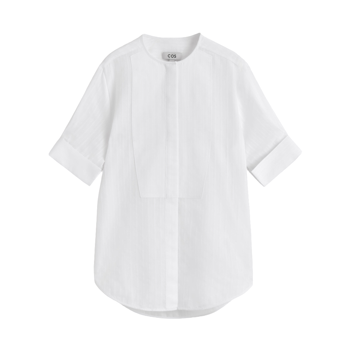 (W) 코스 빕 프런트 스트라이프 자카드 코튼 셔츠 화이트((W) COS Bib Front Striped Jacquard Cotton Shirt White)