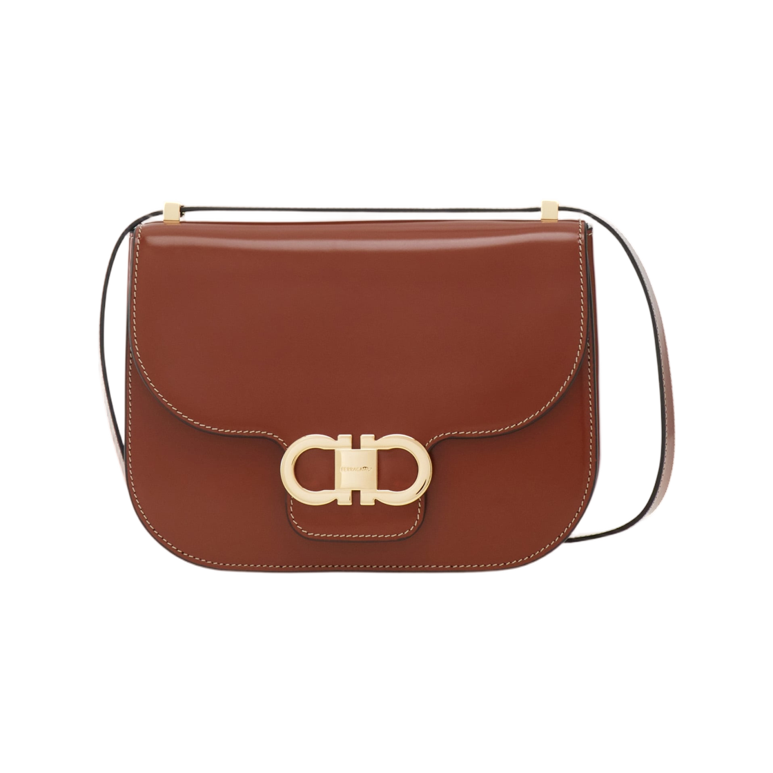 219867-789540 Ferragamo Double Gancini North-South Crossbody Bag Dark Cognac