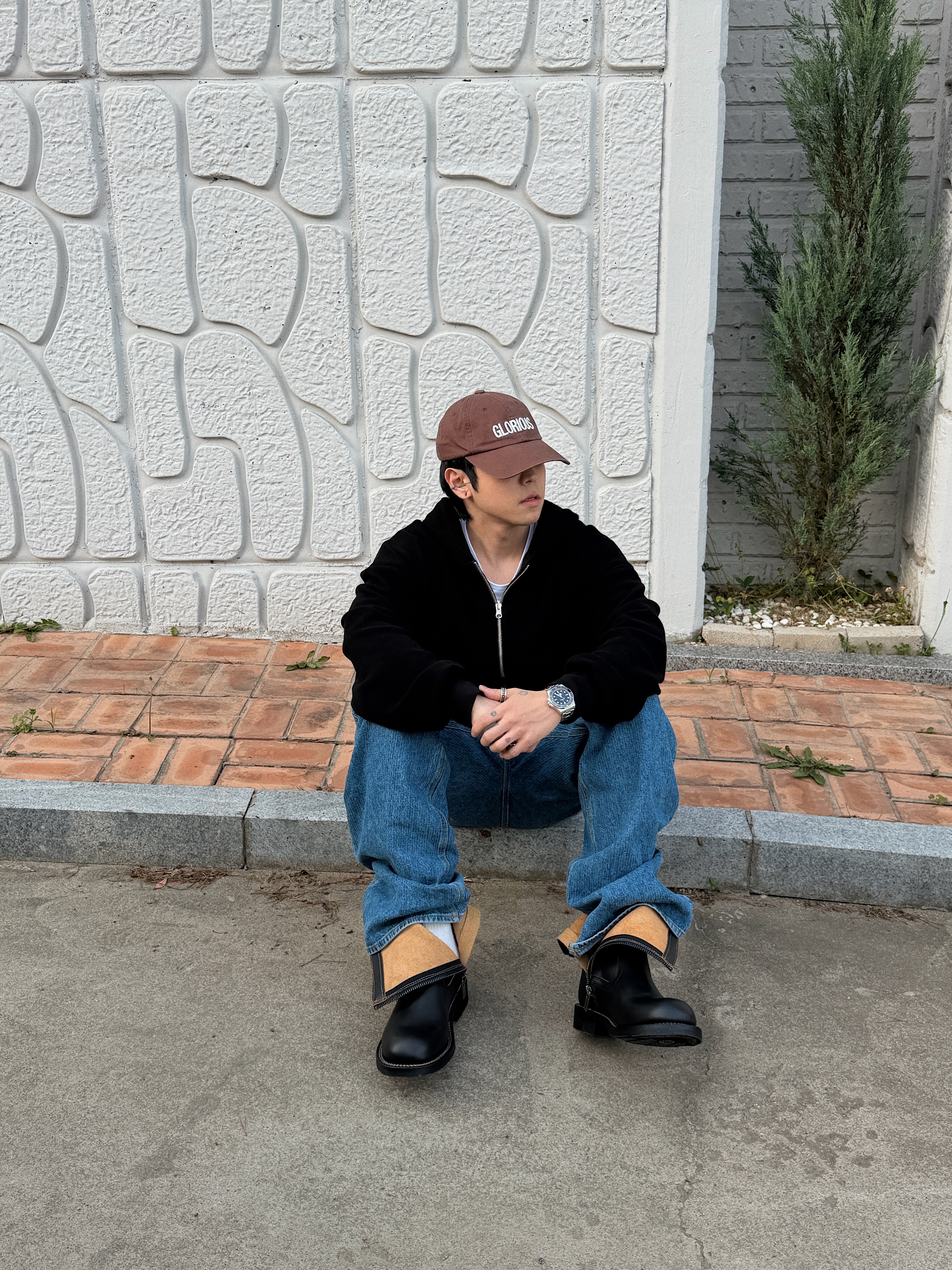 STU Stripe Denim Pants Mid Blue, LOSTGARDEN UNIFORM Engineer Boots Black 착용 스타일 - 7