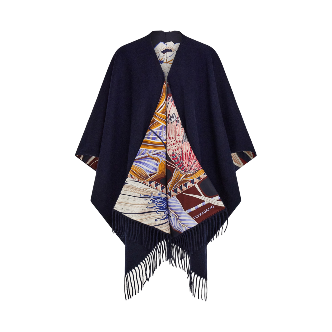 (W) 페라가모 캐시미어 실크 리버시블 케이프 네이비 블루((W) Ferragamo Cashmere Silk Reversible Cape Navy Blue) - 1