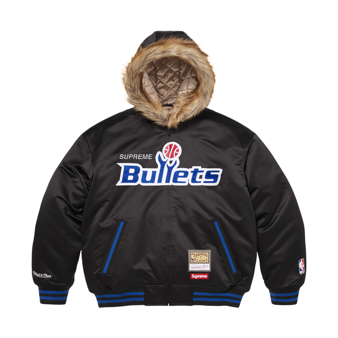 - Supreme Mitchell & Ness Teams Hooded Satin Varsity Jacket Black  - 26SS