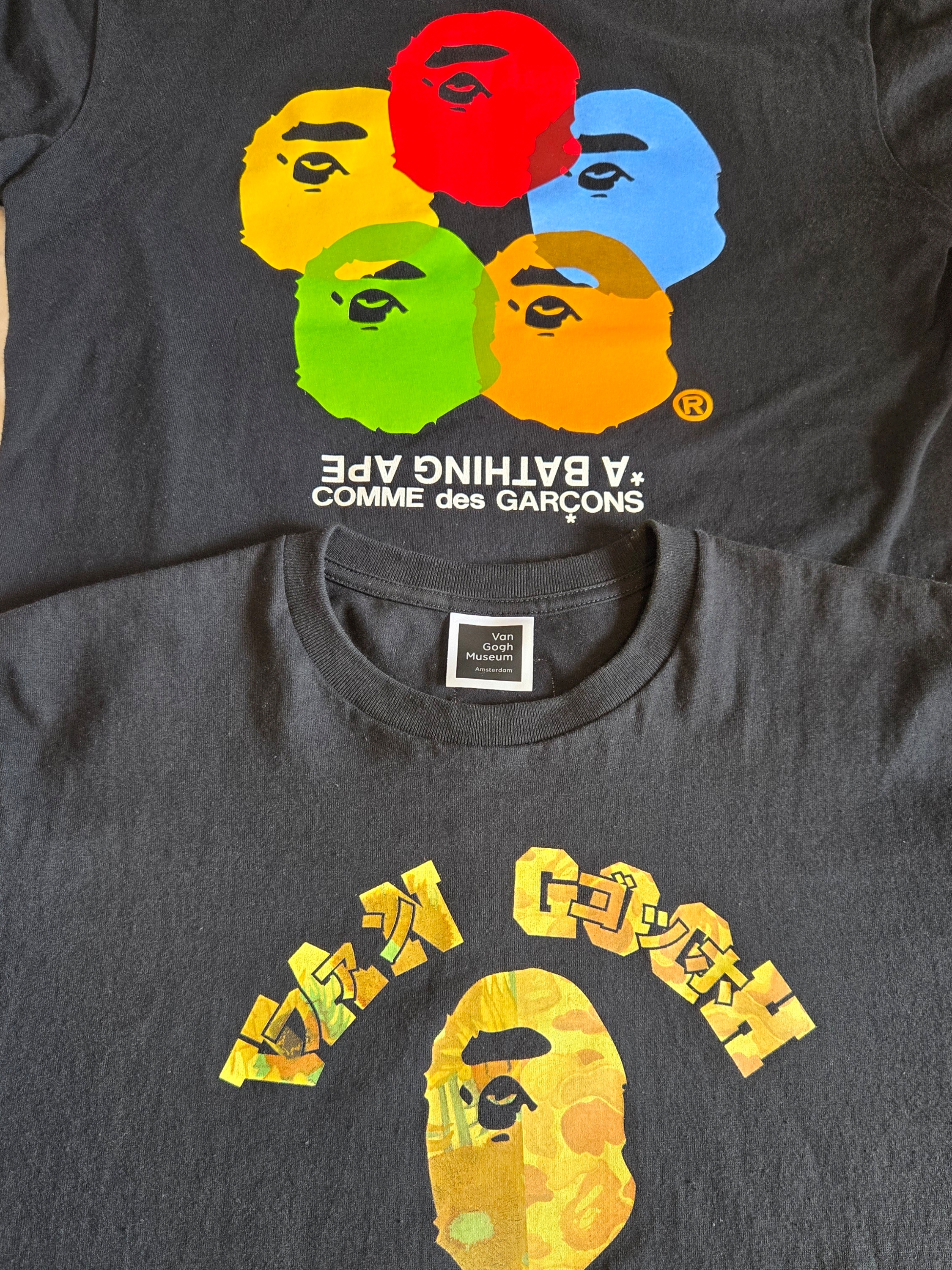 BAPE x Van Gogh Museum College T-Shirt Black Yellow, BAPE x Comme des Garcons Osaka T-Shirt Black 착용 스타일