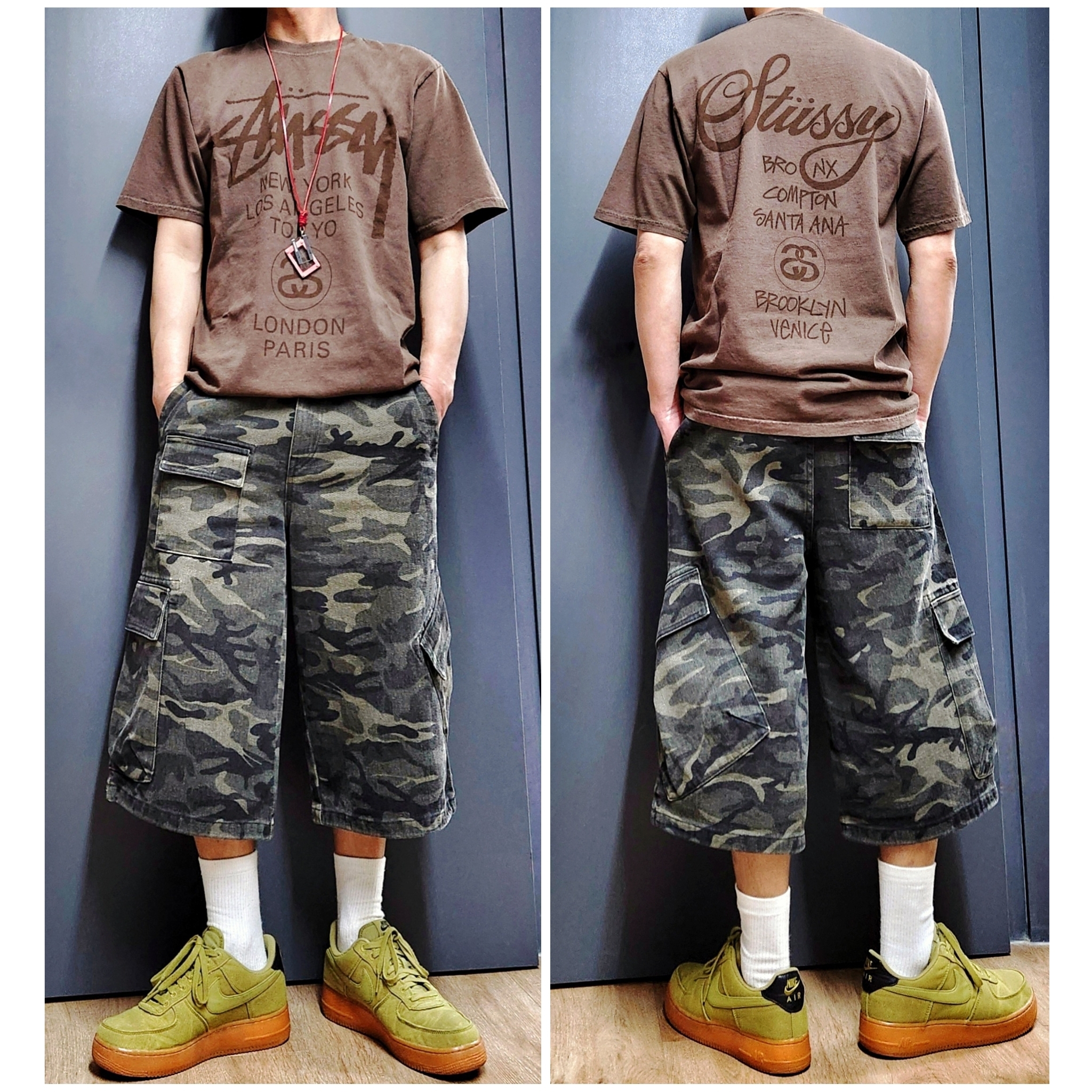Stussy World Tour T-Shirt Sun Faded Brown, Nike Air Force 1 '07 Low Camper Green Gum 착용 스타일 - 2